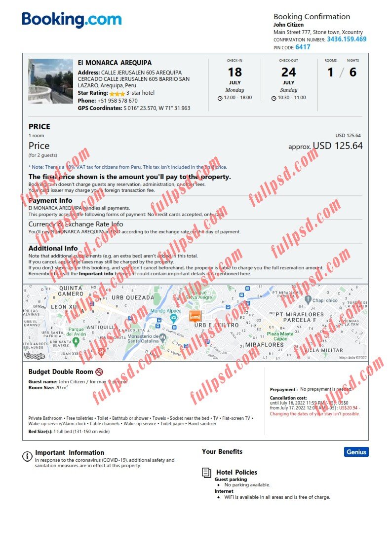 download Peru hotel booking Confirmation pdf and word template