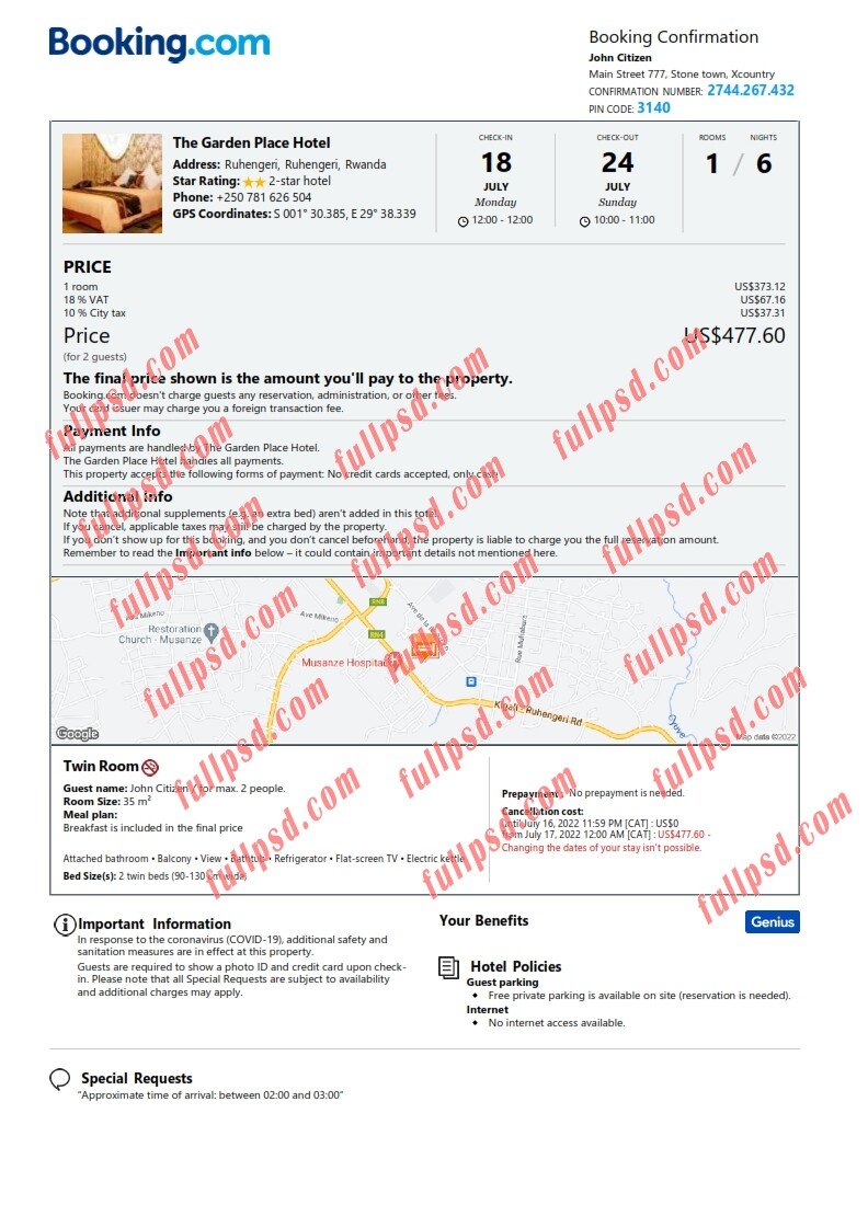 download Rwanda hotel booking Confirmation pdf and word template