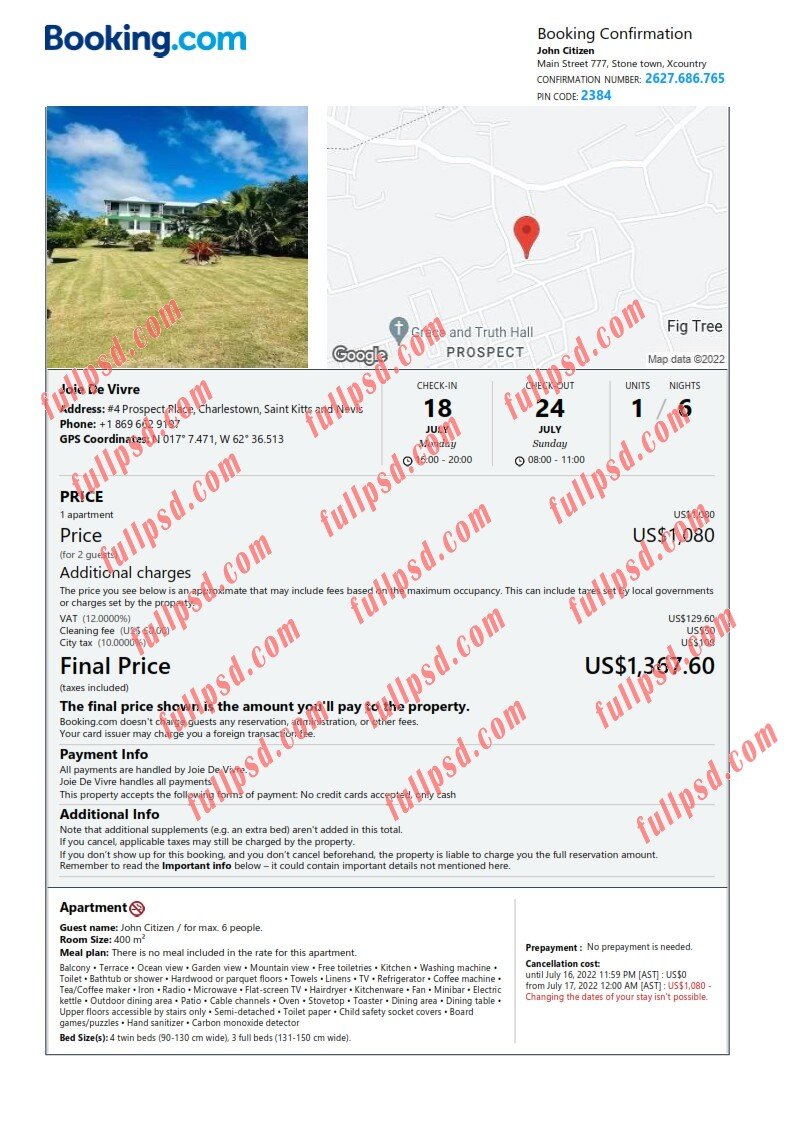 download Saint Kitts and Nevis hotel booking Confirmation pdf and word template