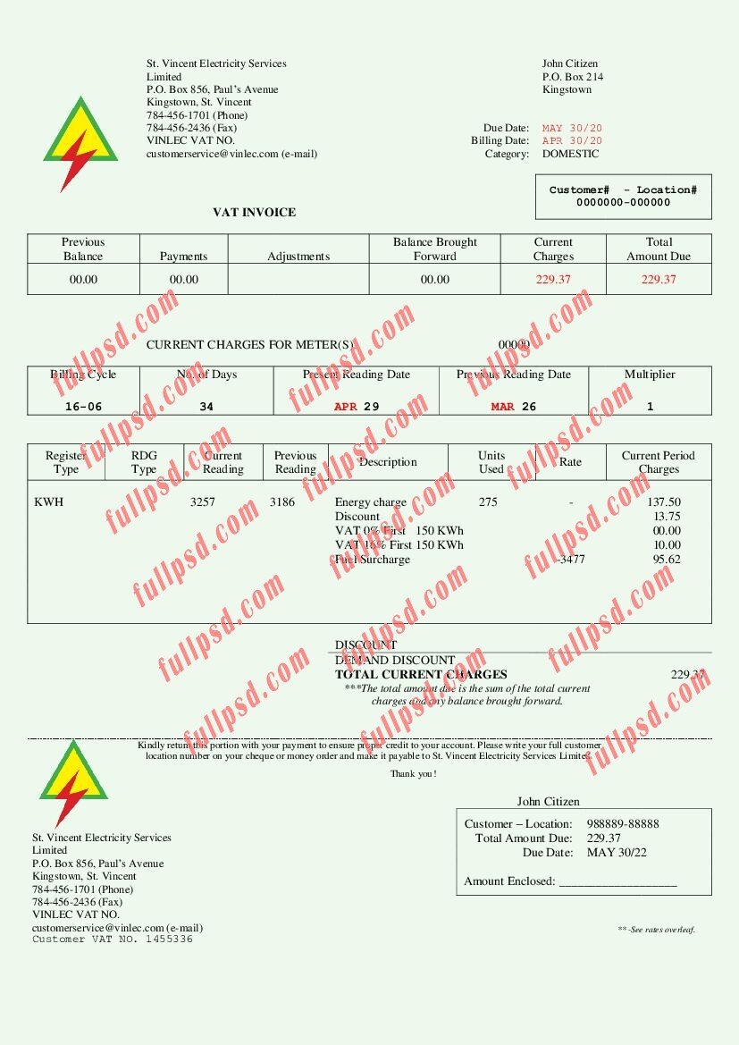 download Saint Vincent and the Grenadines St utility bill. Vincent Electricity Services Limited pdf and word template