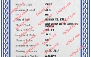download Saint Vincent and the Grenadines Birth certificate PSD Template fully editable