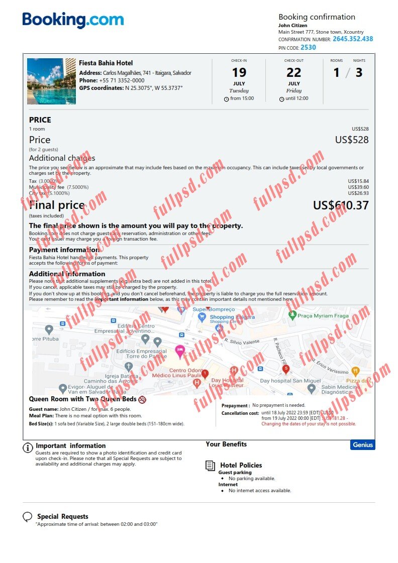 download Salvador hotel booking Confirmation pdf and word template
