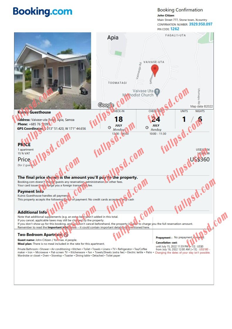 download Samoa hotel booking Confirmation pdf and word template