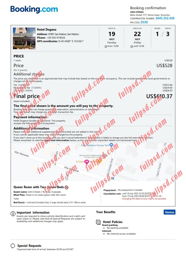 download San Marino hotel booking Confirmation pdf and word template