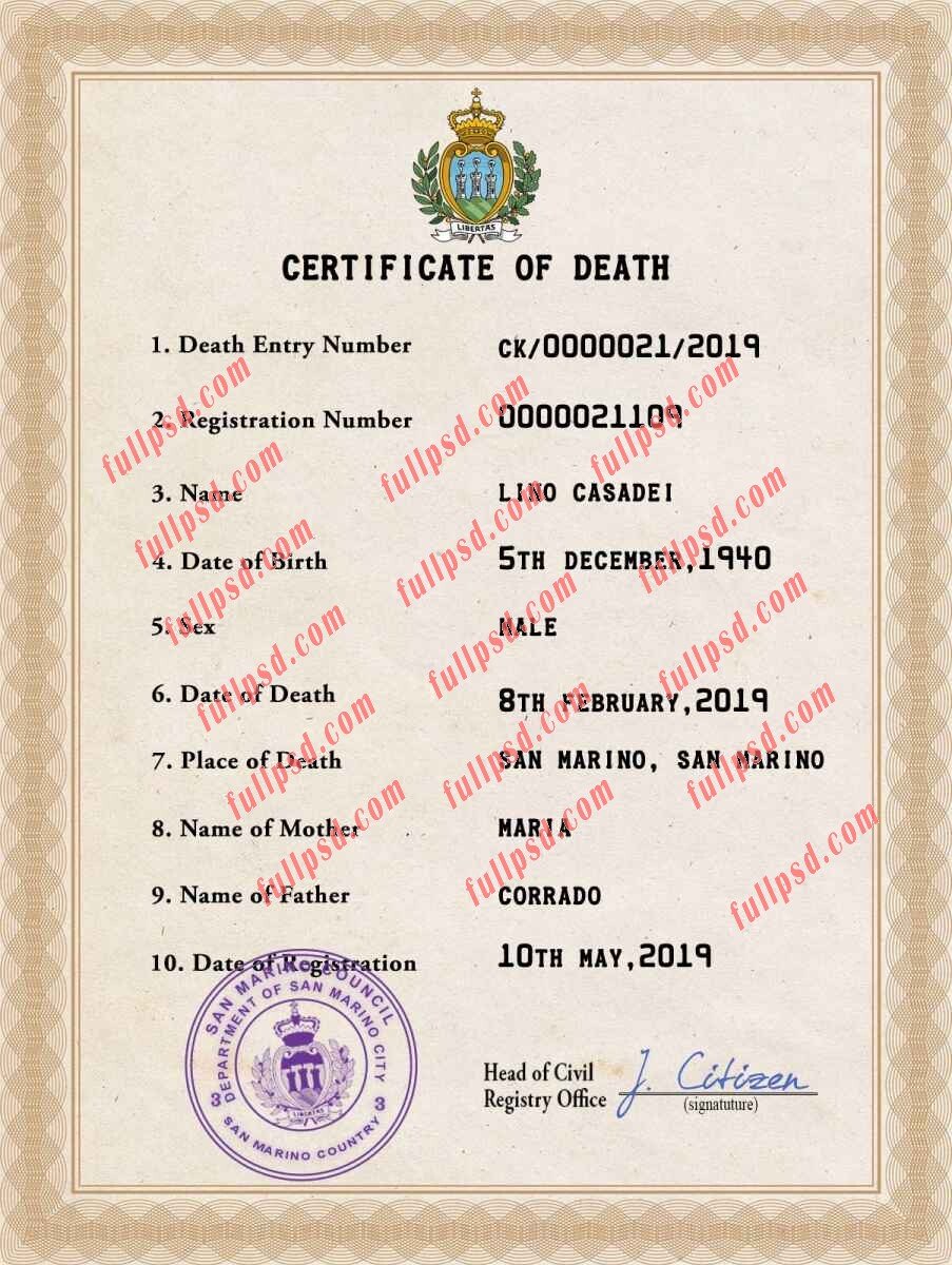 download San Marino death certificate psd template
