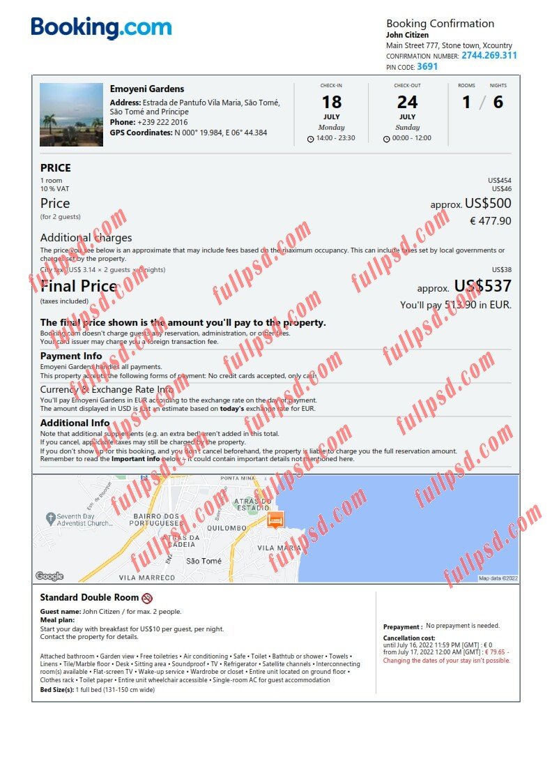 download Sao Tome and Principe hotel booking Confirmation pdf and word template