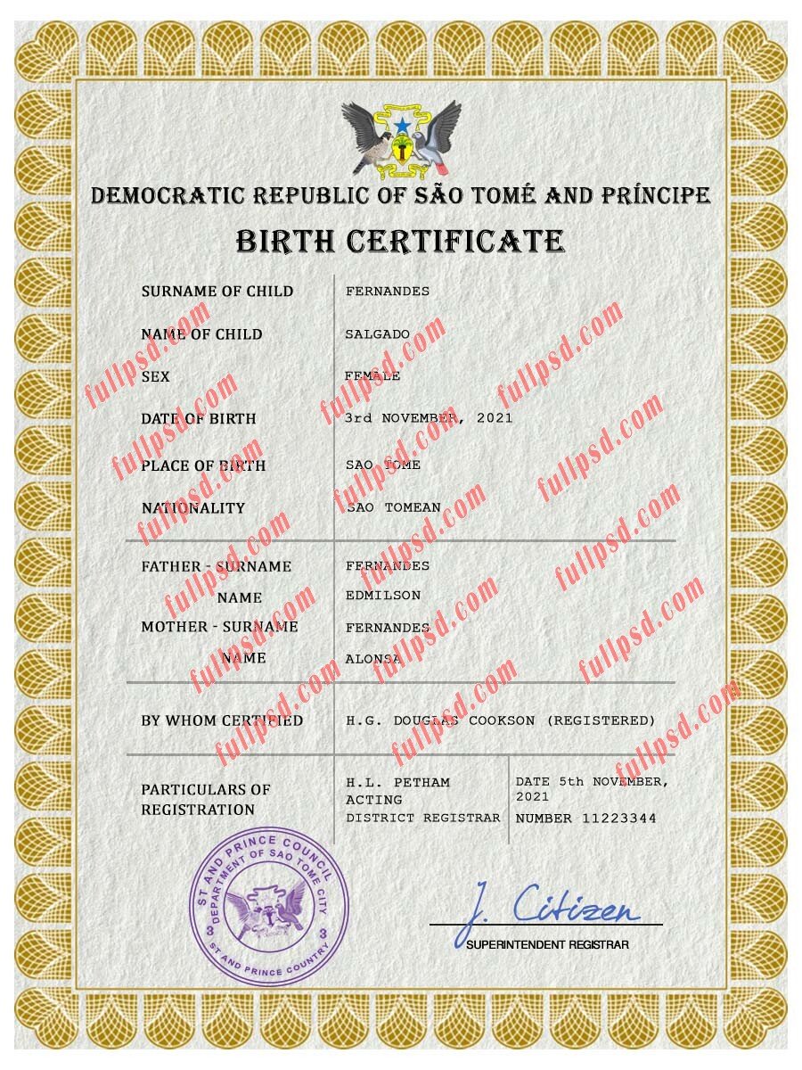 download Sao Tome and Principe Birth certificate PSD Template fully editable