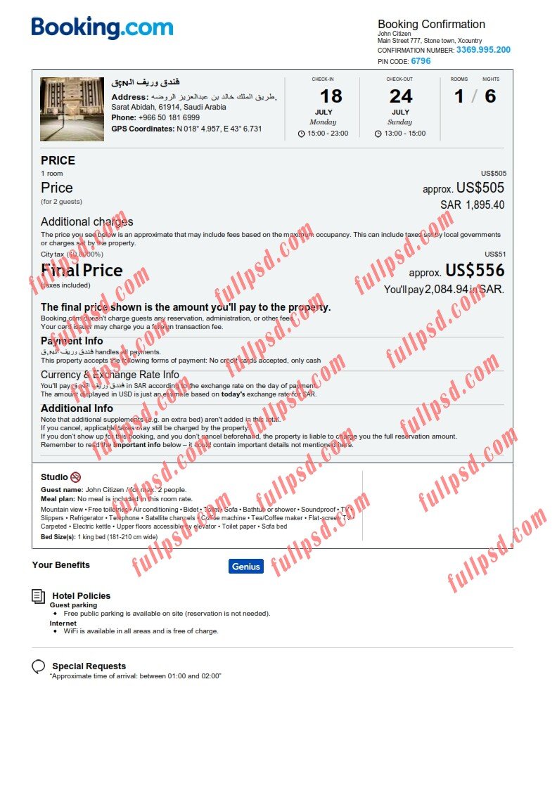 download Saudi Arabia hotel booking Confirmation pdf and word template
