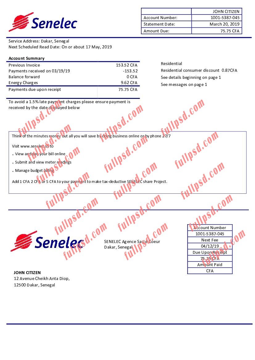 download Senegal senelec agence sacr coeur electricity utility bill pdf and word template