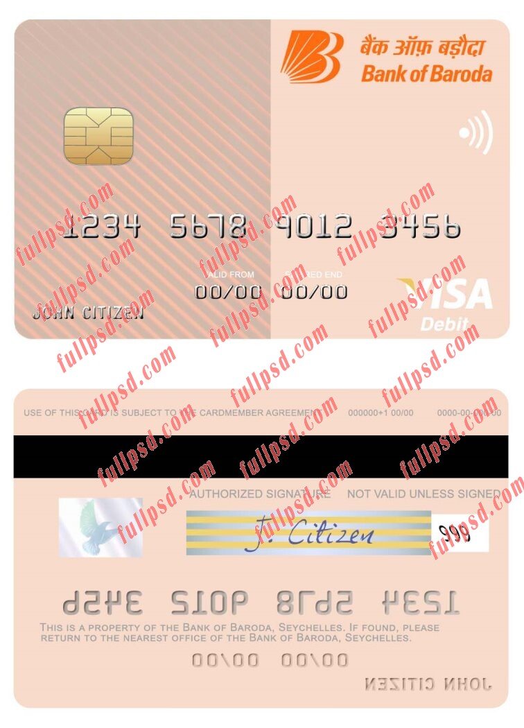 download Seychelles Bank of Baroda visa debit card psd template