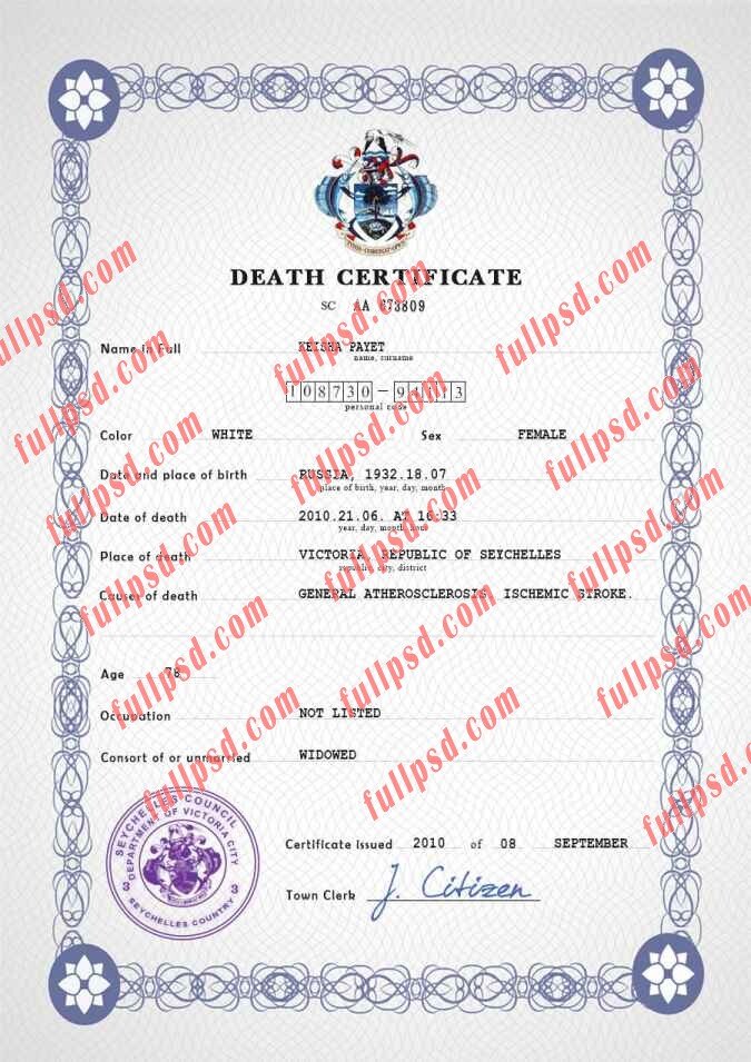 download Seychelles death certificate psd template