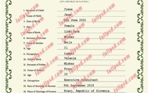 download Slovenia Birth certificate PSD Template fully editable