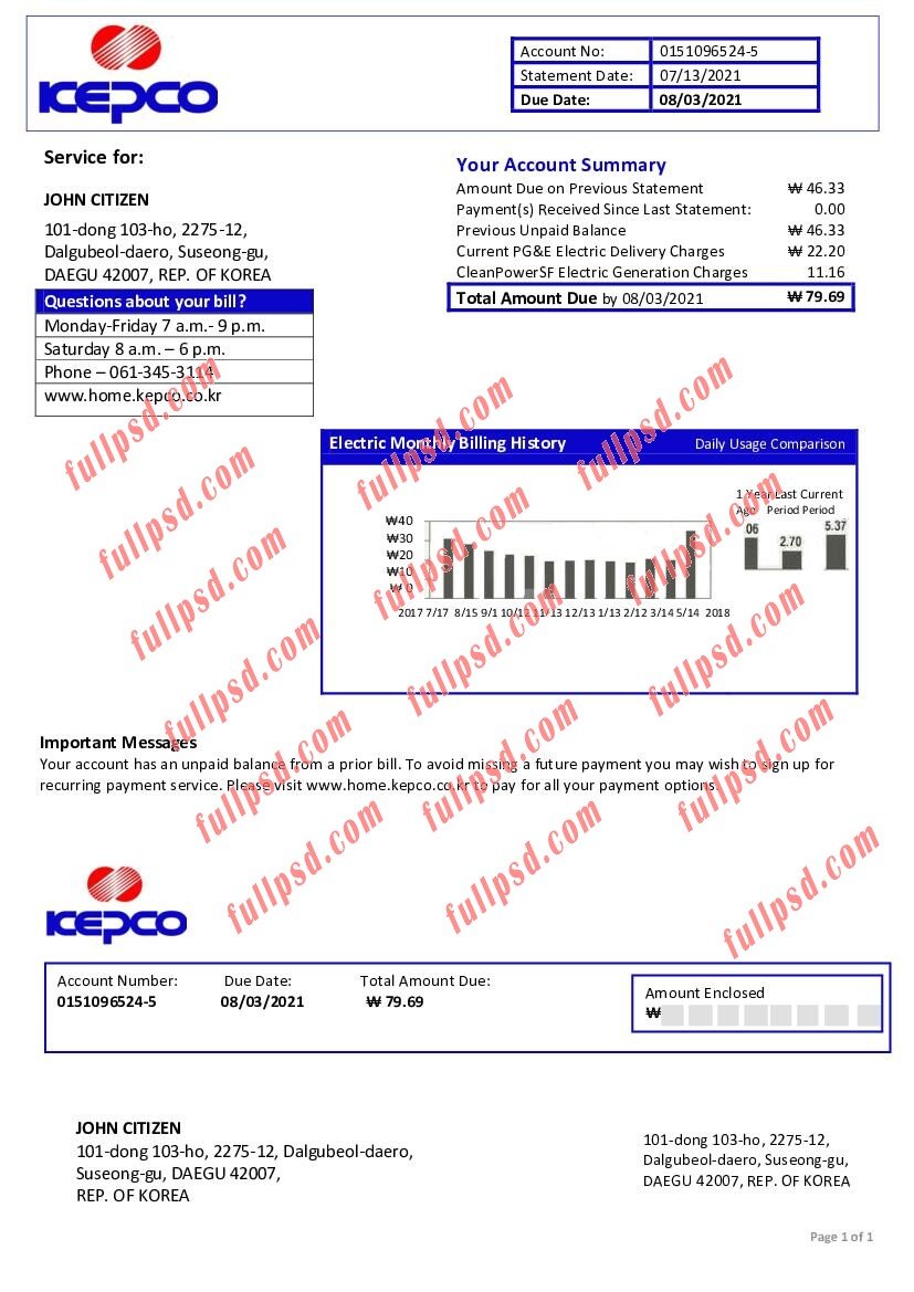 download South Korea Korea Electric Power Corporation electricity utility bill pdf and word template