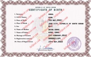 download South Sudan Birth certificate PSD Template fully editable