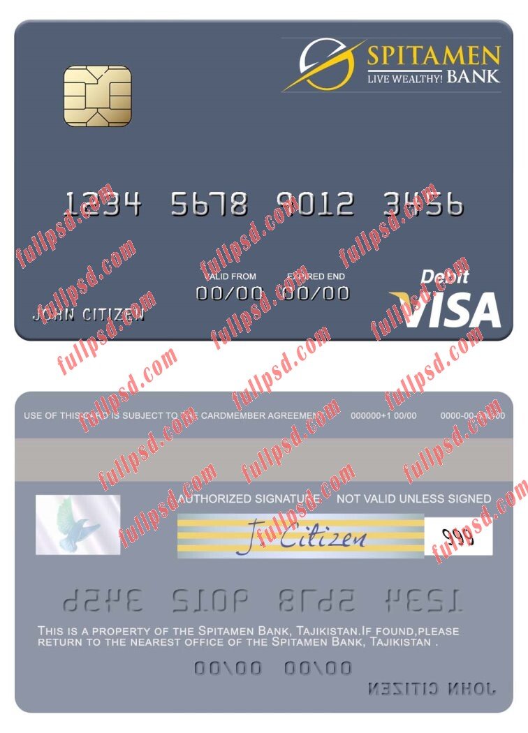 download Tajikistan Spitamen Bank visa debit card psd template