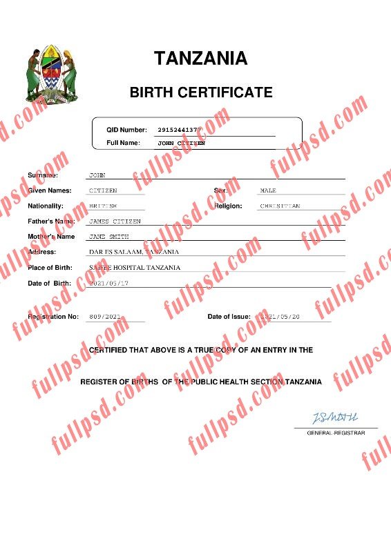 download Tanzania Birth certificate pdf and word template