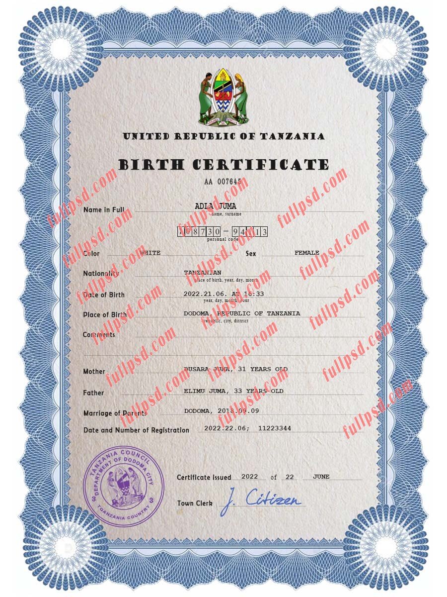 download Tanzania Birth certificate PSD Template fully editable