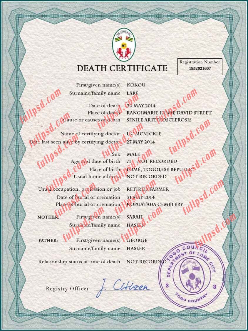download Togo death certificate psd template