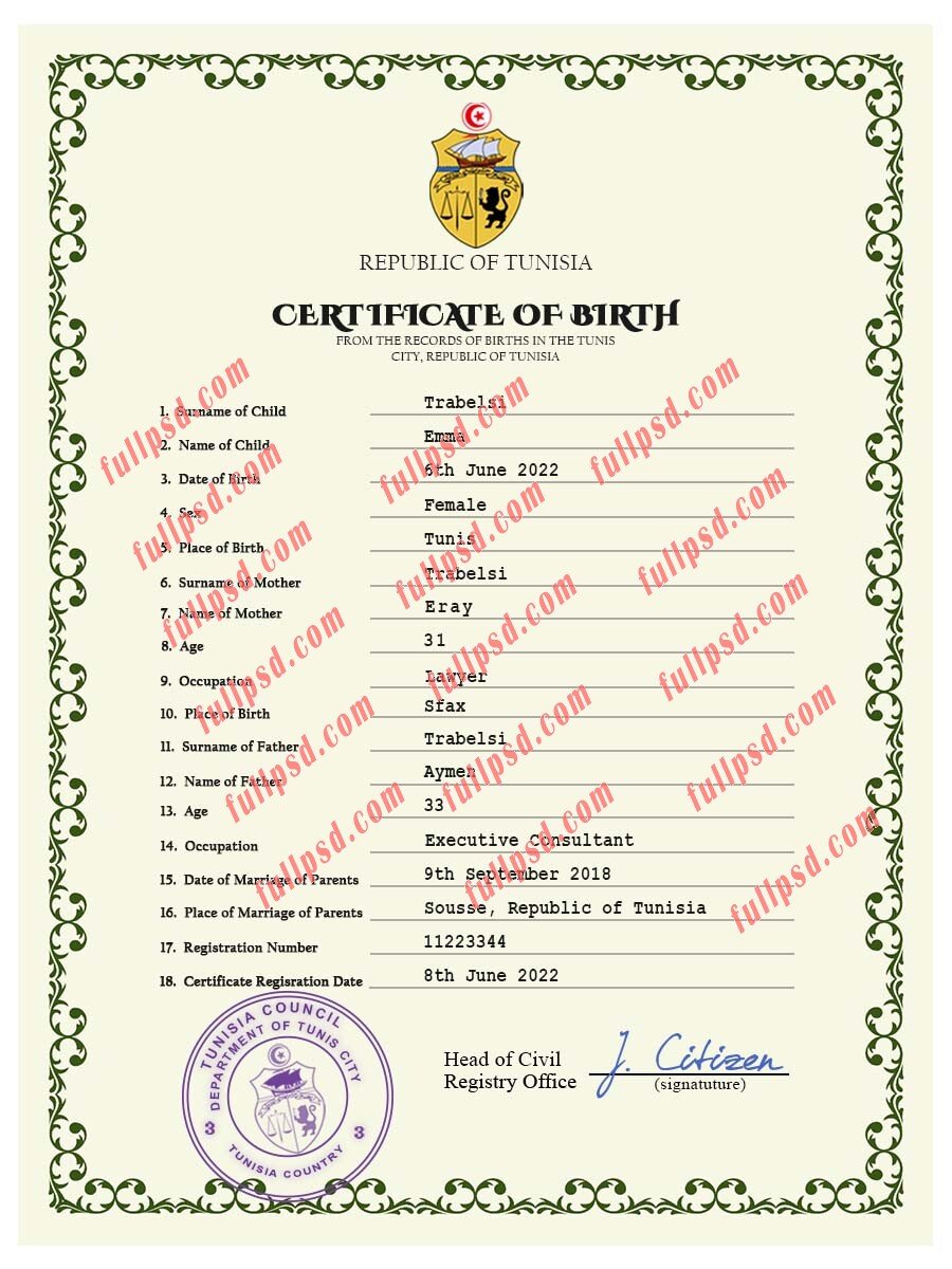 download Tunisia Birth certificate PSD Template fully editable
