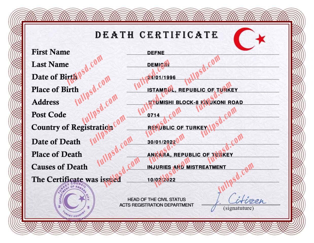 download Turkey death certificate psd template