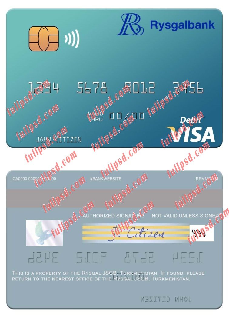 download Turkmenistan Rysgal JSCB visa debit card psd template