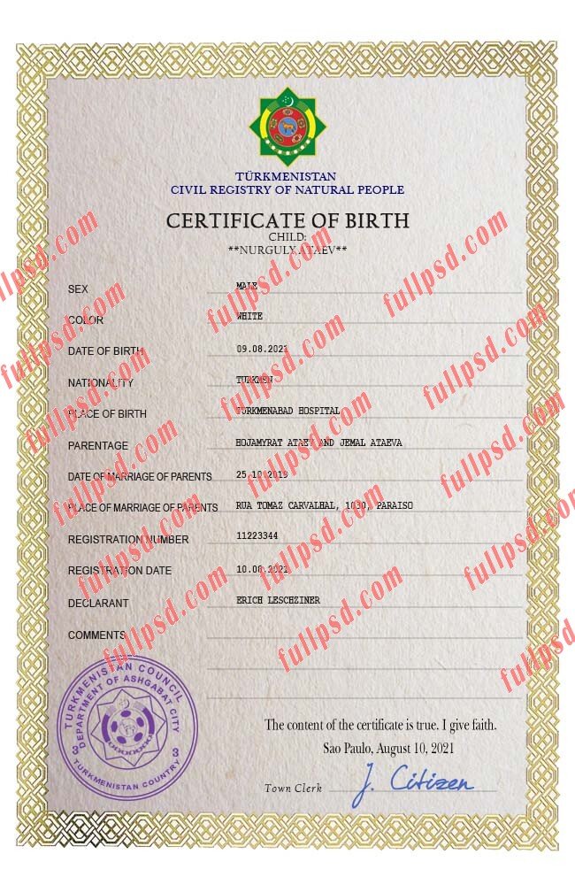 download Turkmenistan Birth certificate PSD Template fully editable
