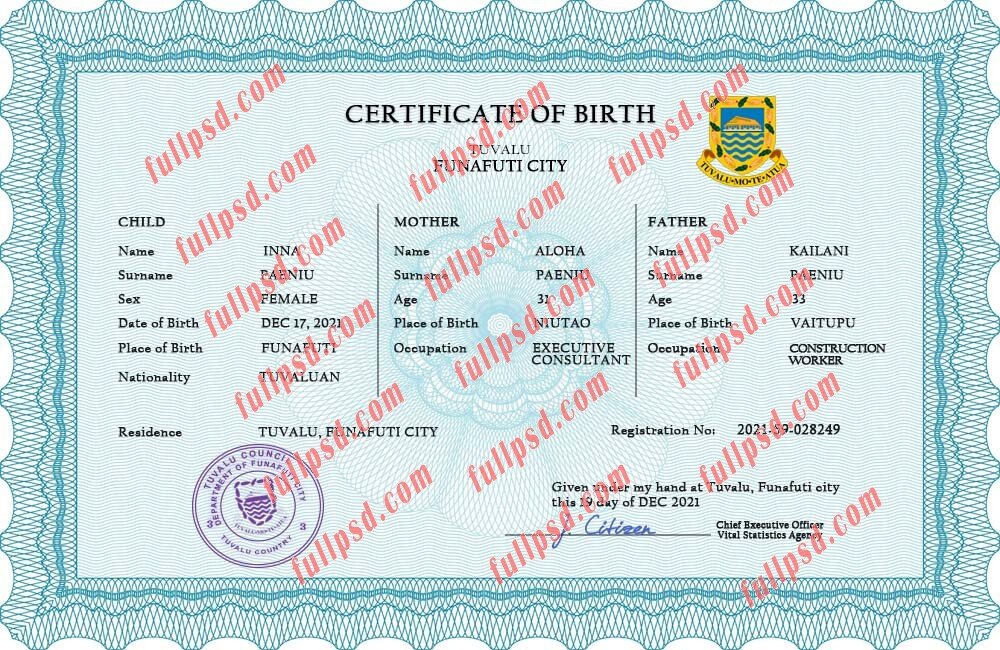 download Tuvalu Birth certificate PSD Template fully editable