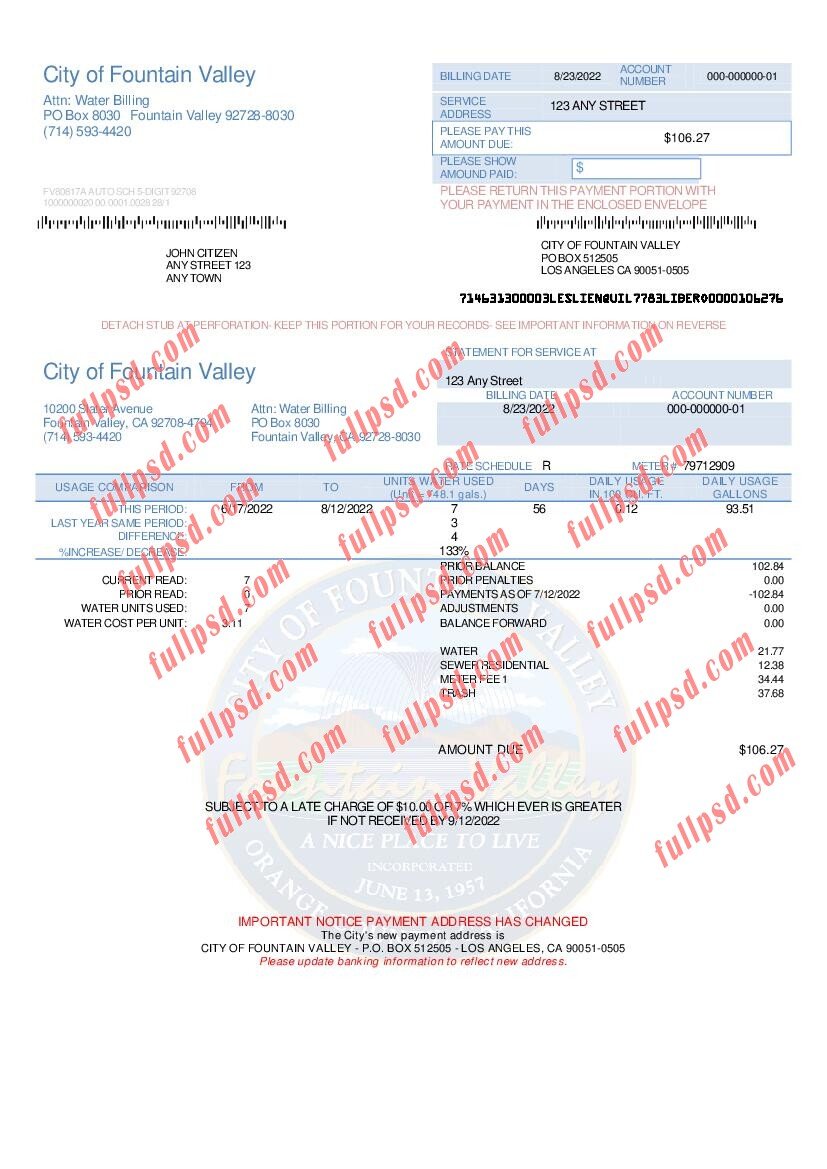 download USA California City of Fountain Valley utility bill pdf and word template