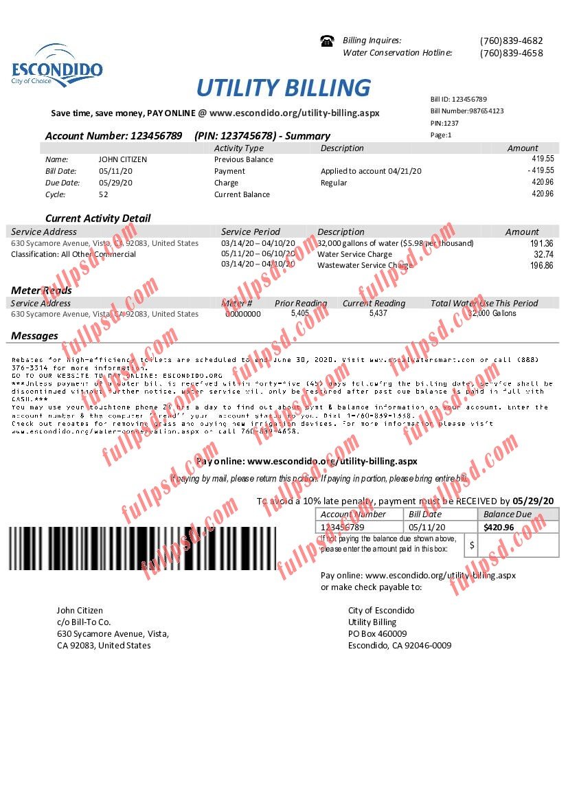 download USA California Escondido City of Choice utility bill pdf and word template