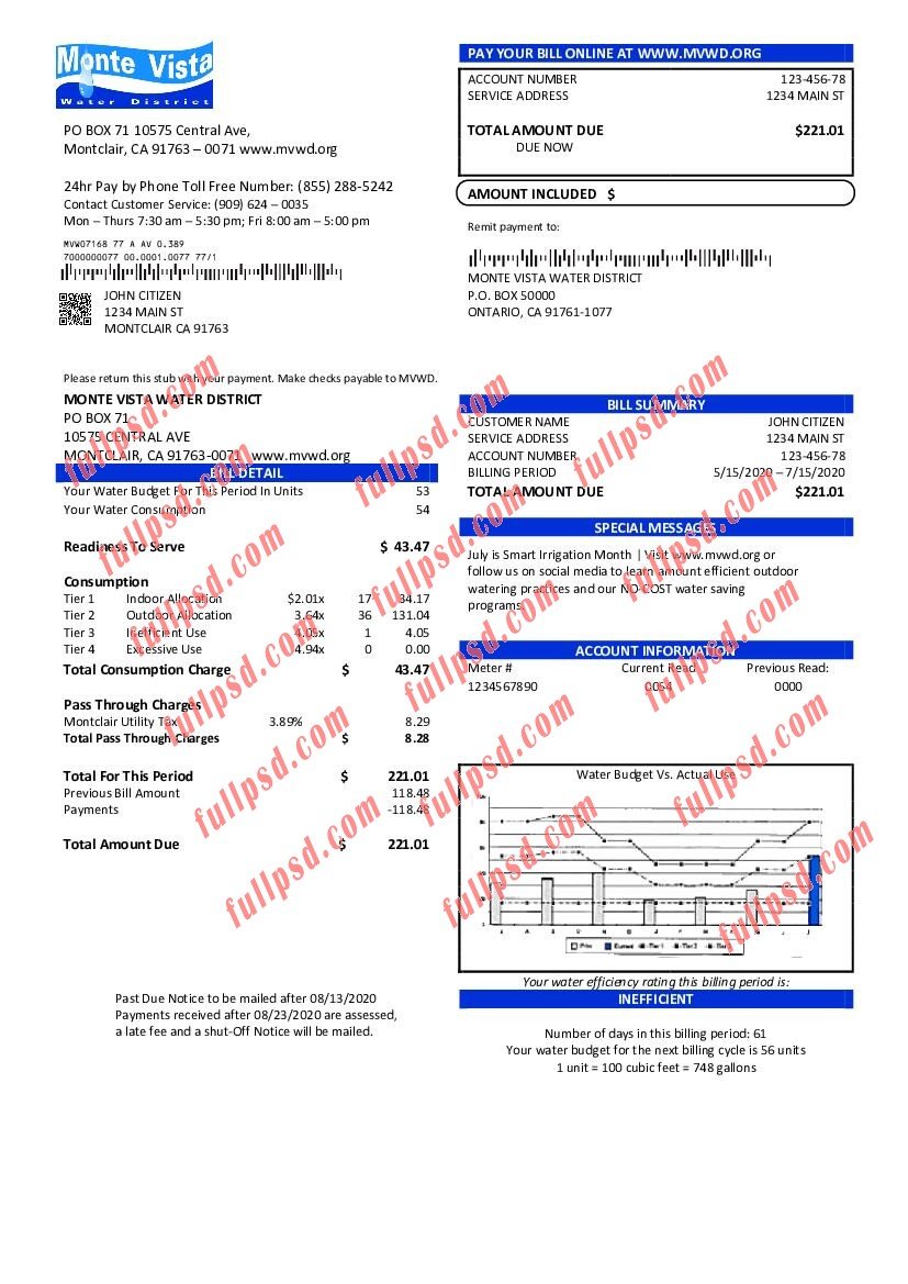 download USA California Monte Vista Water District utility bill pdf and word template