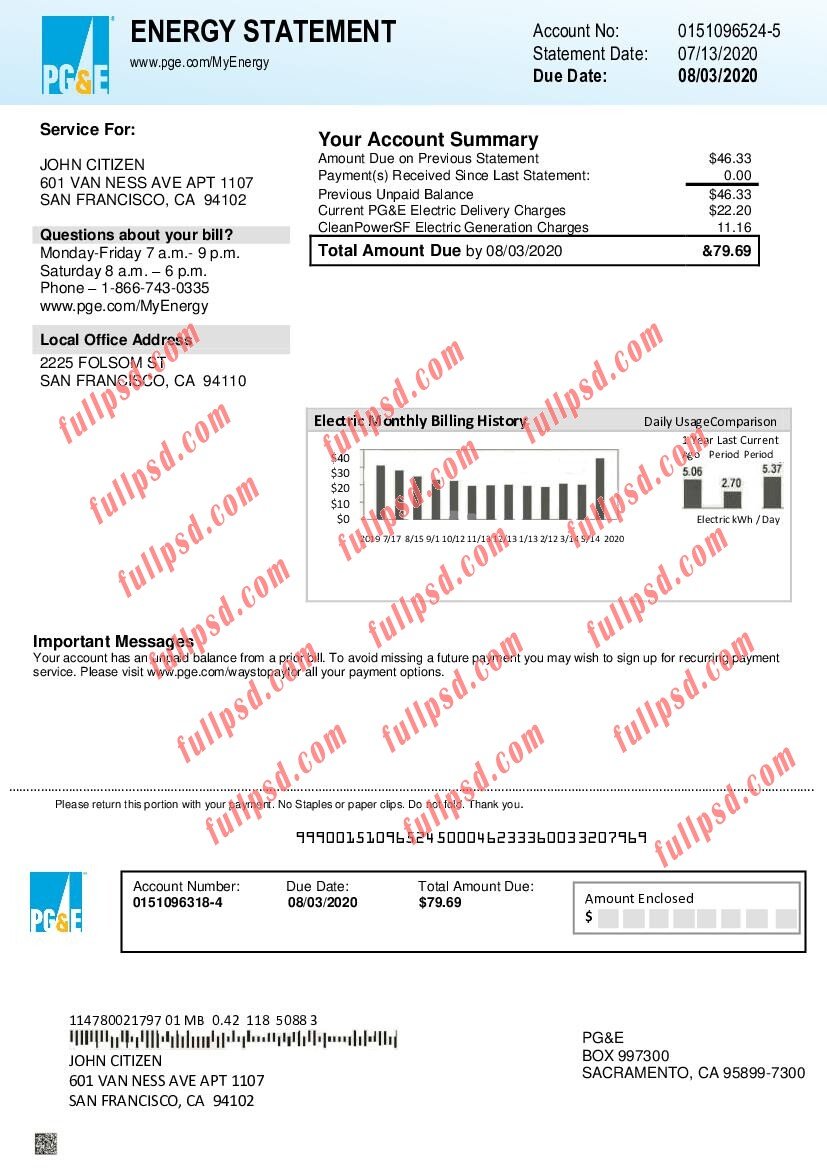 download USA California PGE Pacific Gas and Electric Company utility bill pdf and word template
