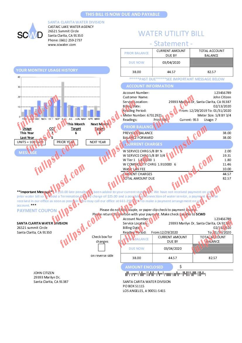 download USA California Santa Clarita Water Division (SCWD) utility bill pdf and word template