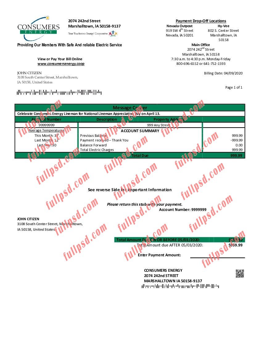 download USA Iowa Consumers Energy utility bill pdf and word template