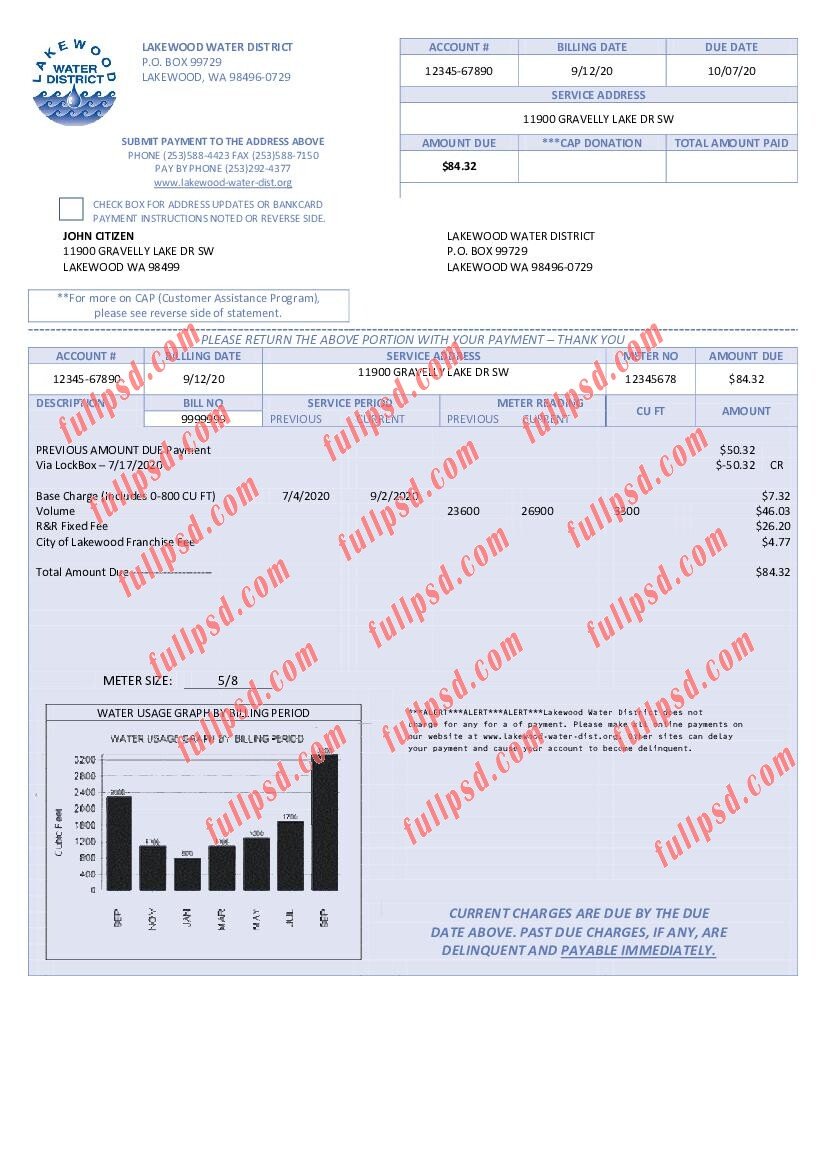 download USA Lakewood Water District utility bill pdf and word template