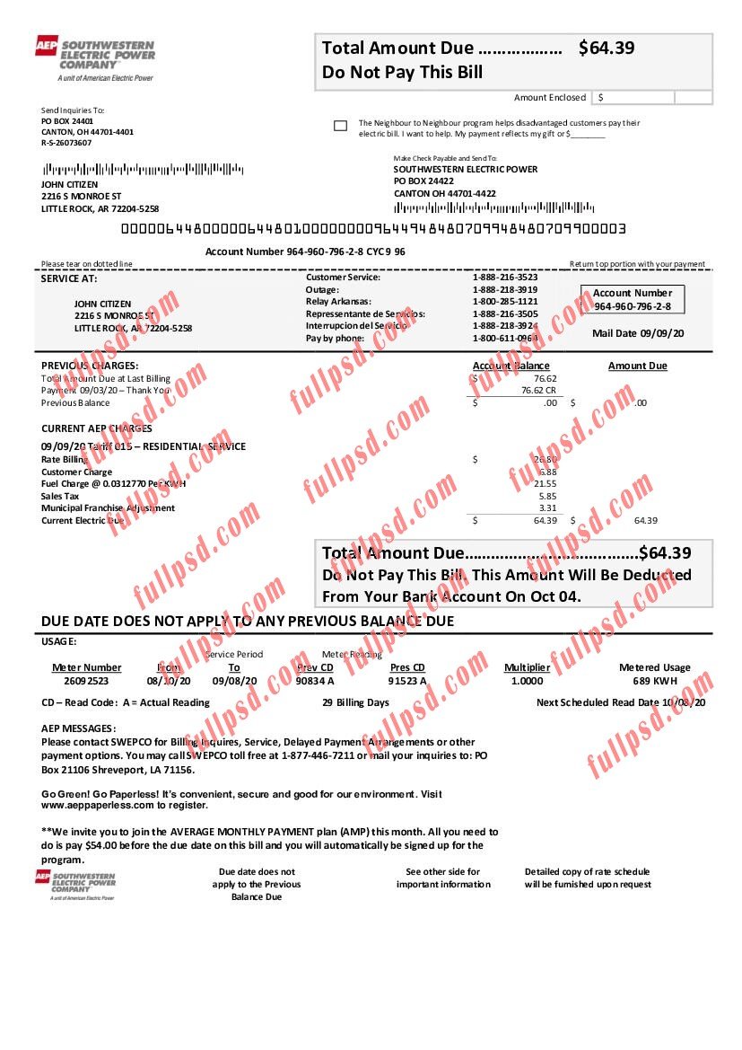 download USA Louisiana AEP (Southwestern Electric Power Company) electricity utility bill pdf and word template