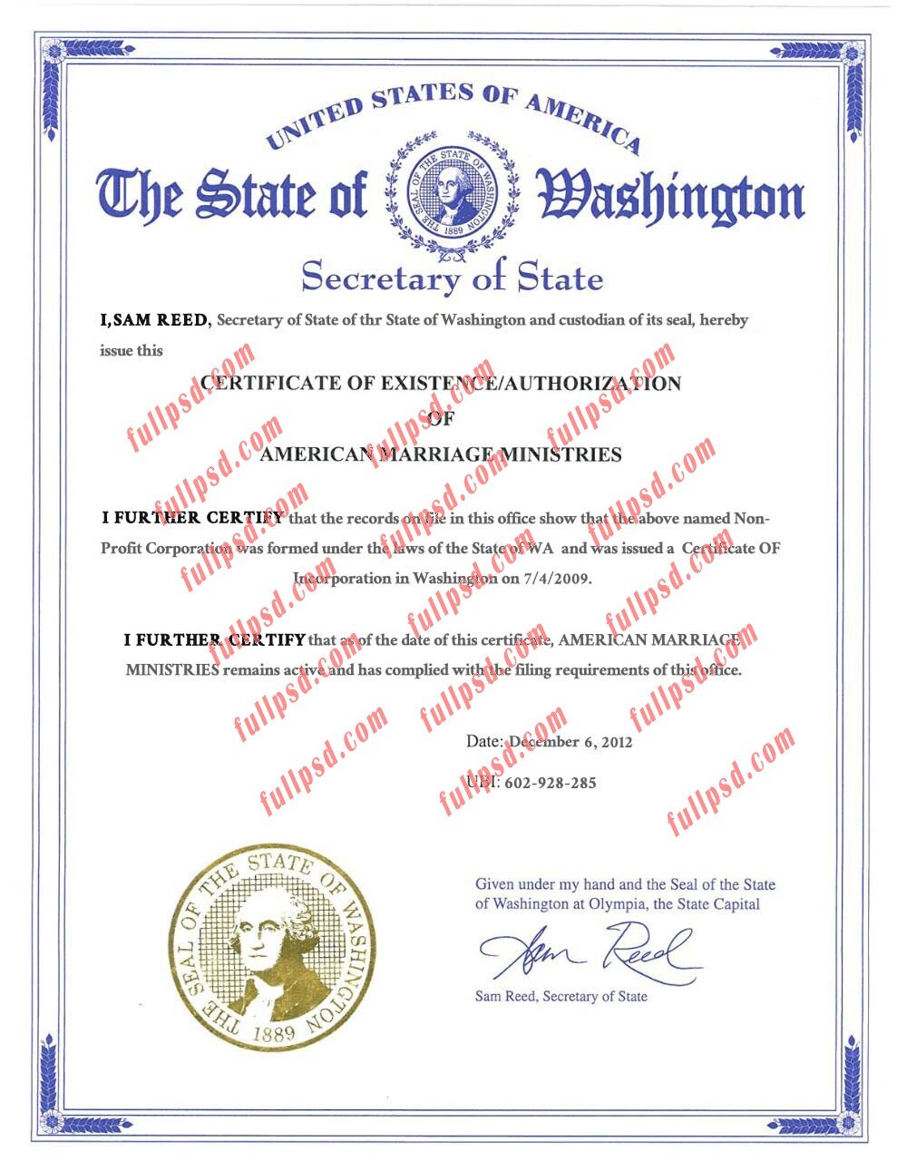 USA washington marriage certificate psd photoshop template V2
