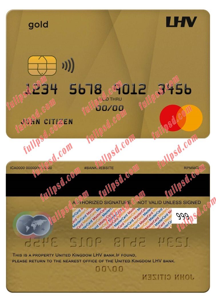 United Kingdom LHV bank mastercard gold psd template