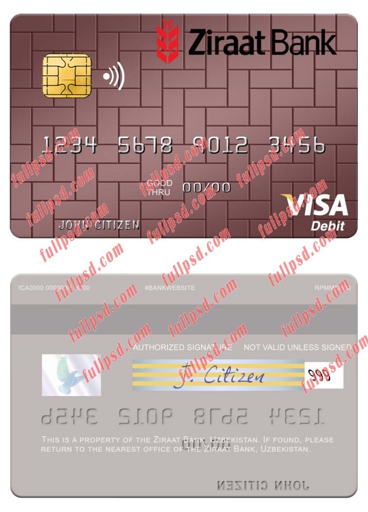 download Uzbekistan Ziraat Bank visa debit card psd template