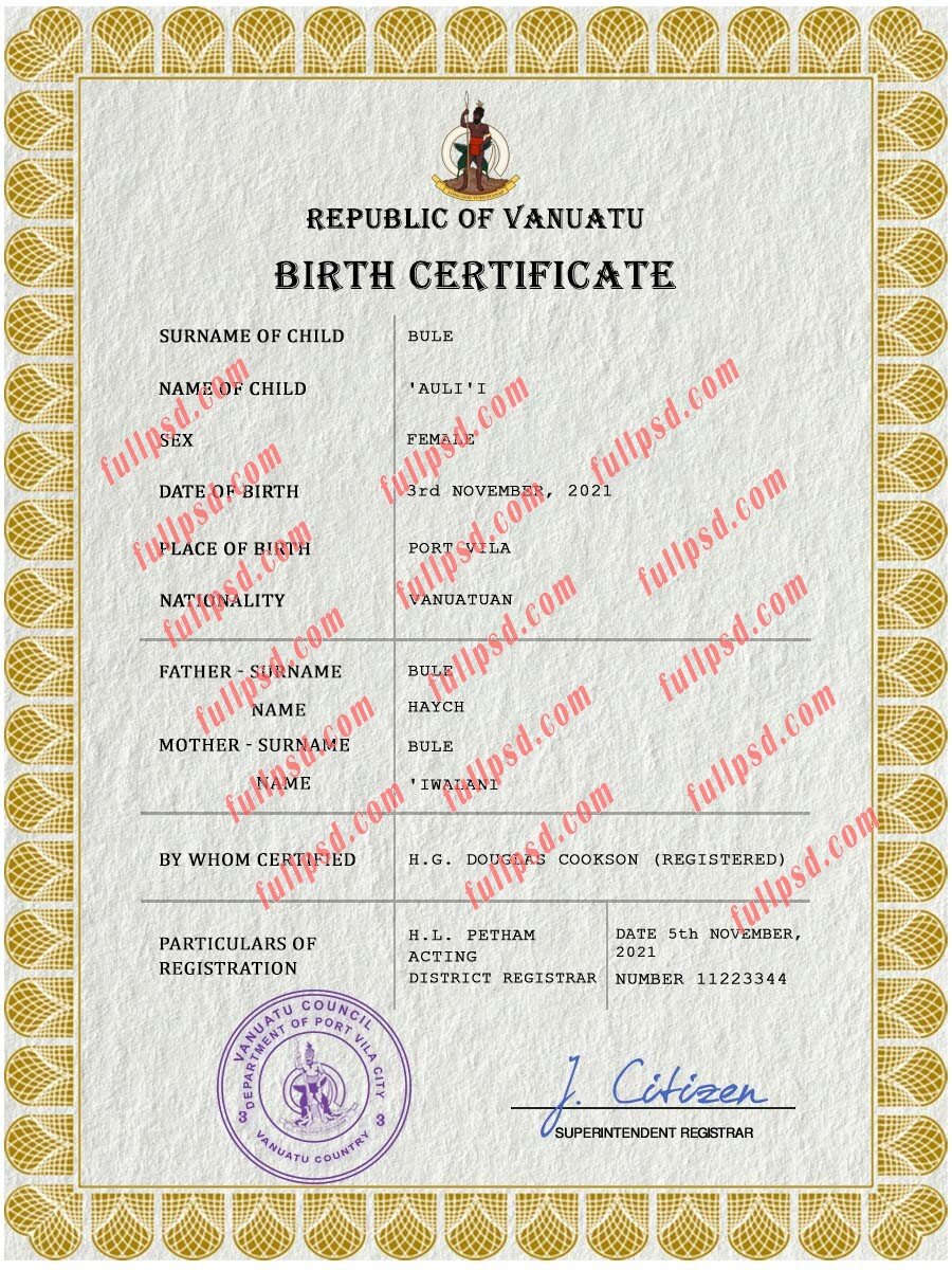 download Vanuatu Birth certificate PSD Template fully editable