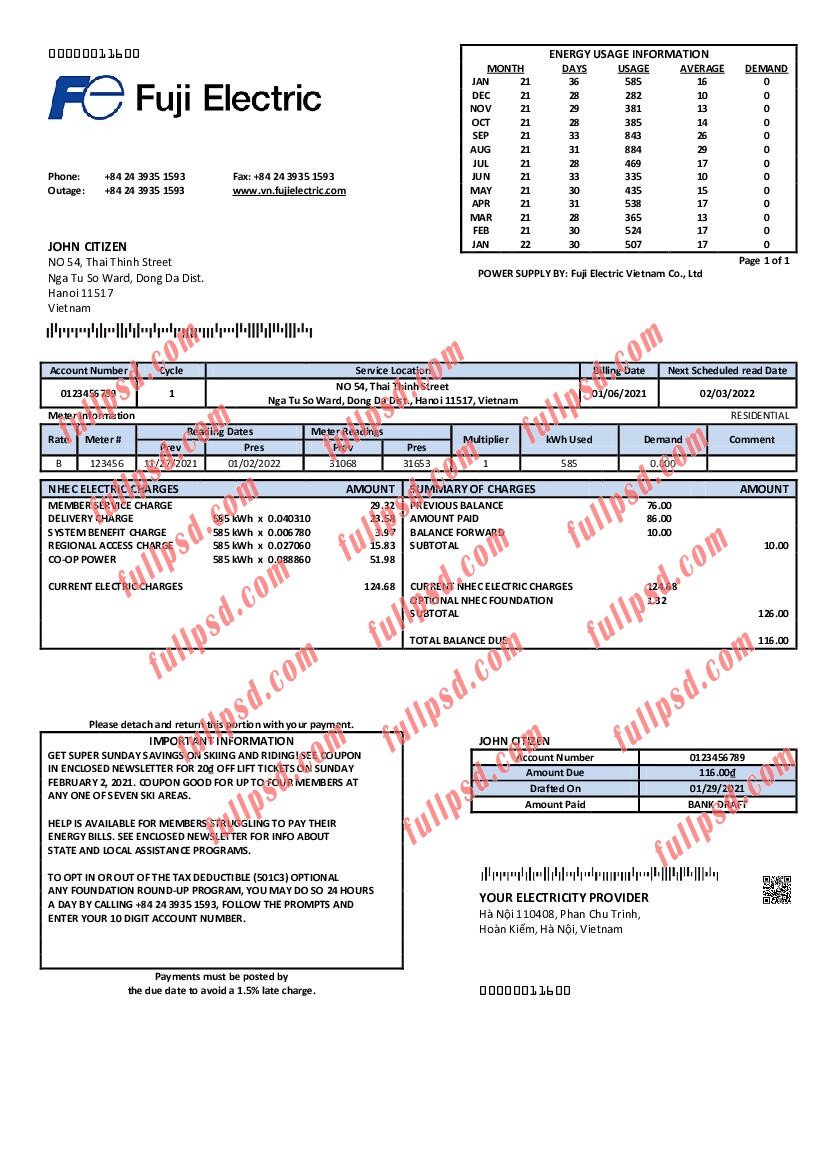 download Vietnam Fuji Electric Vietnam Co utility bill. Ltd pdf and word template