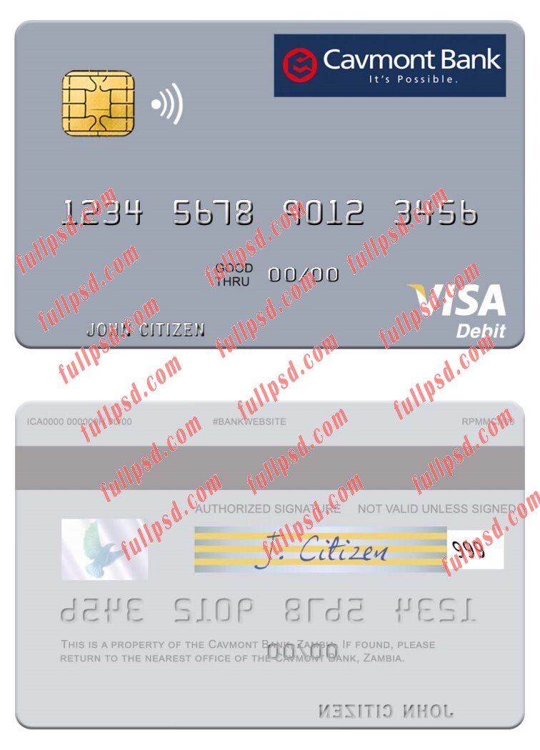 download Zambia Cavmont Bank visa debit card psd template