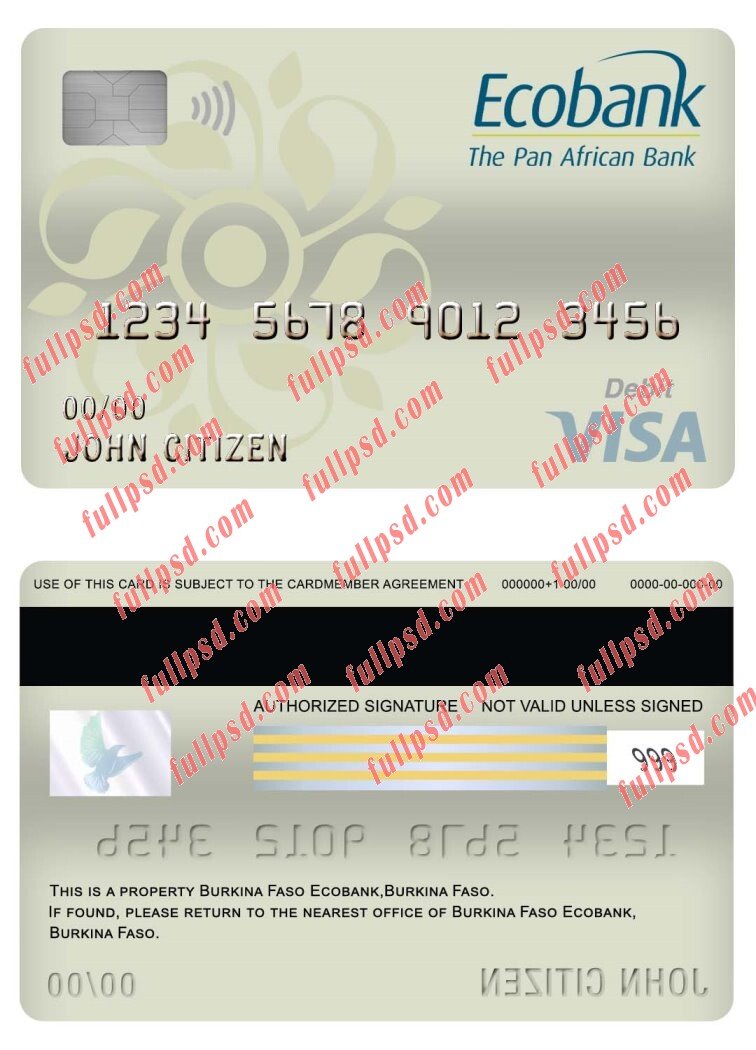 download burkina faso ecobank bank visa debit card psd template