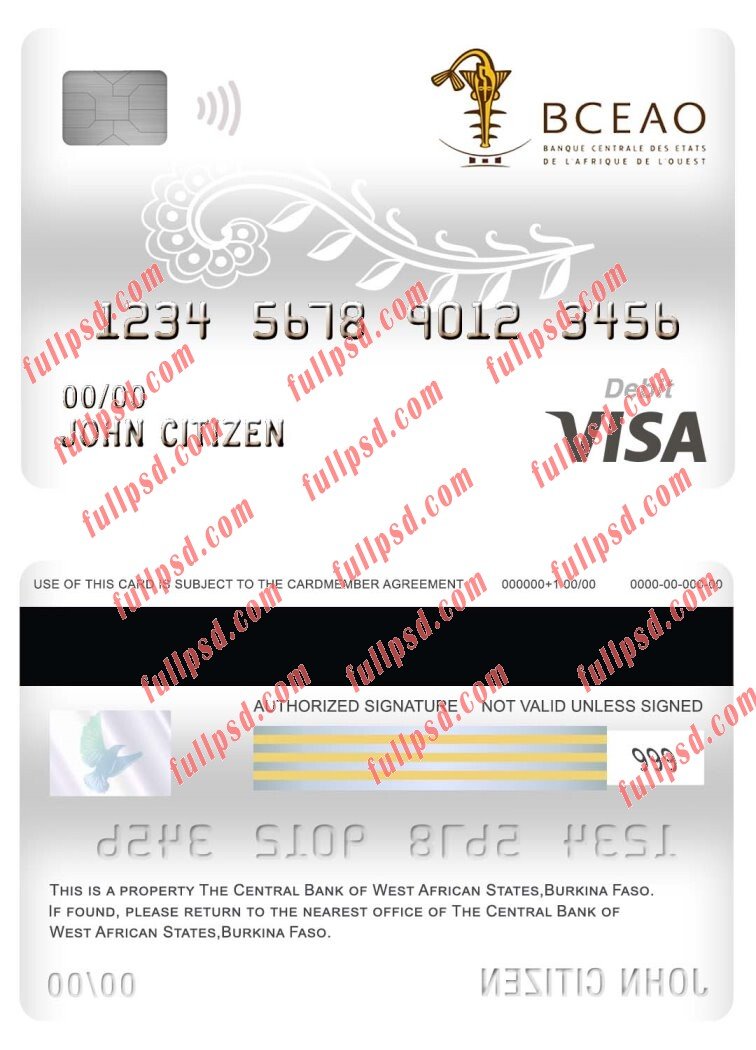 download burkina faso the central bank of west african states bank visa debit card psd template