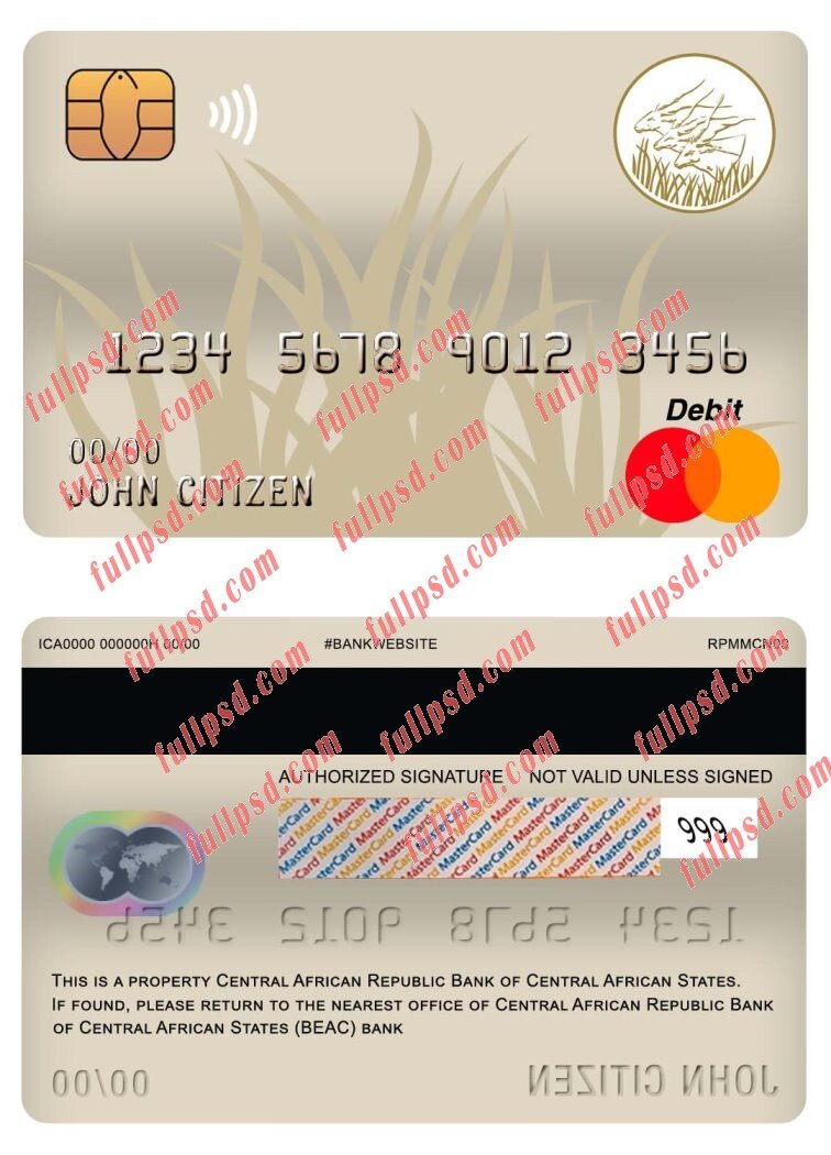 central african republic bank of central african states beac bank master debit card psd template