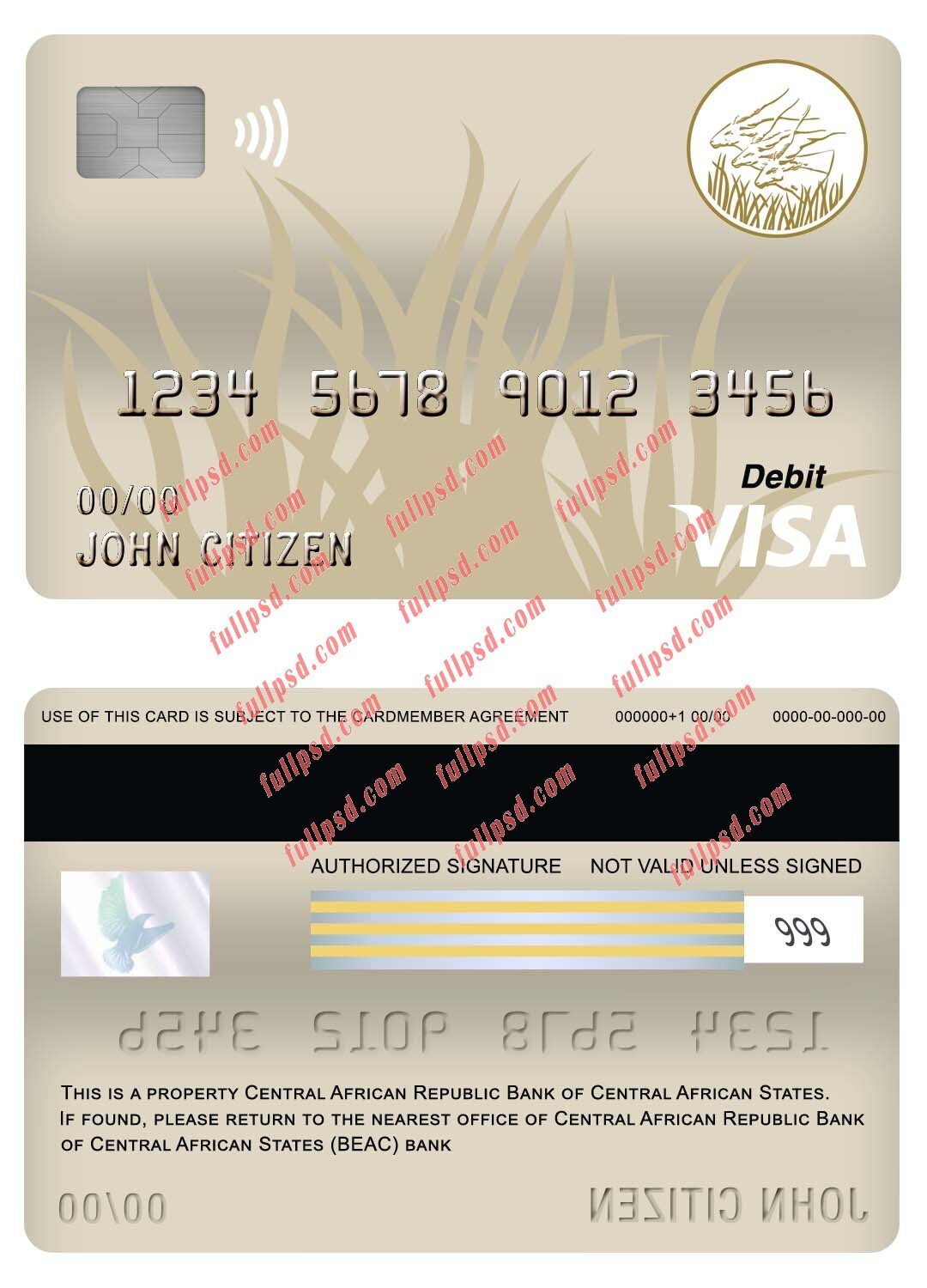 download Central African Republic bank of central african states beac bank visa debit card psd template