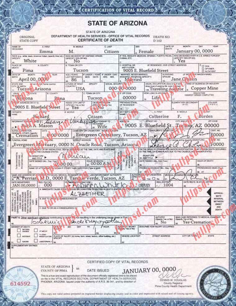 download USA arizona death certificate psd template