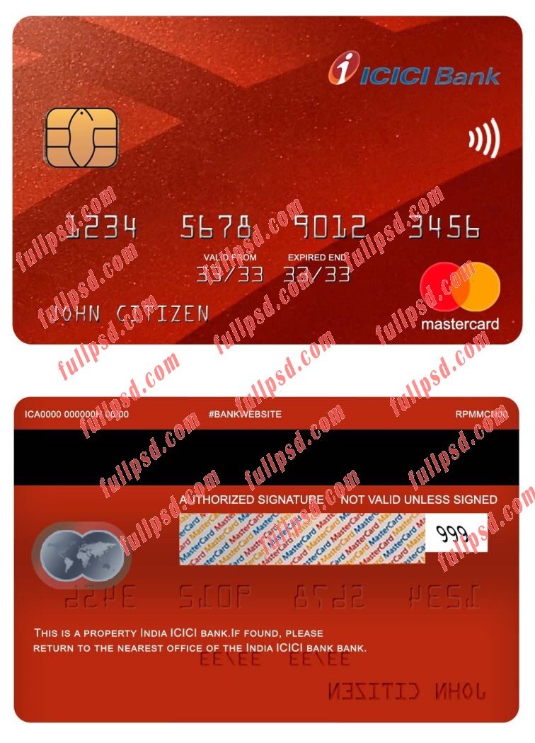 india ICICI bank mastercard psd template