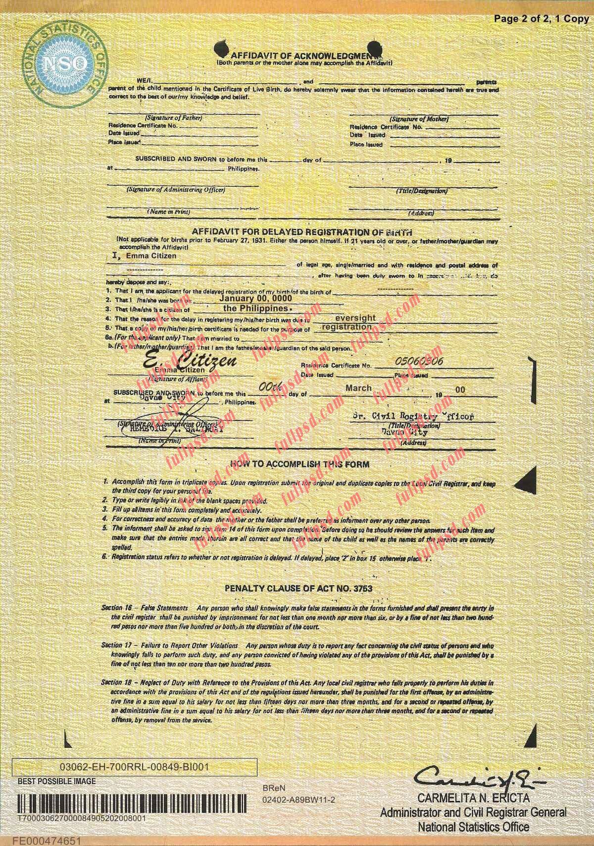 download Philippines Birth certificate V1 PSD Template fully editable