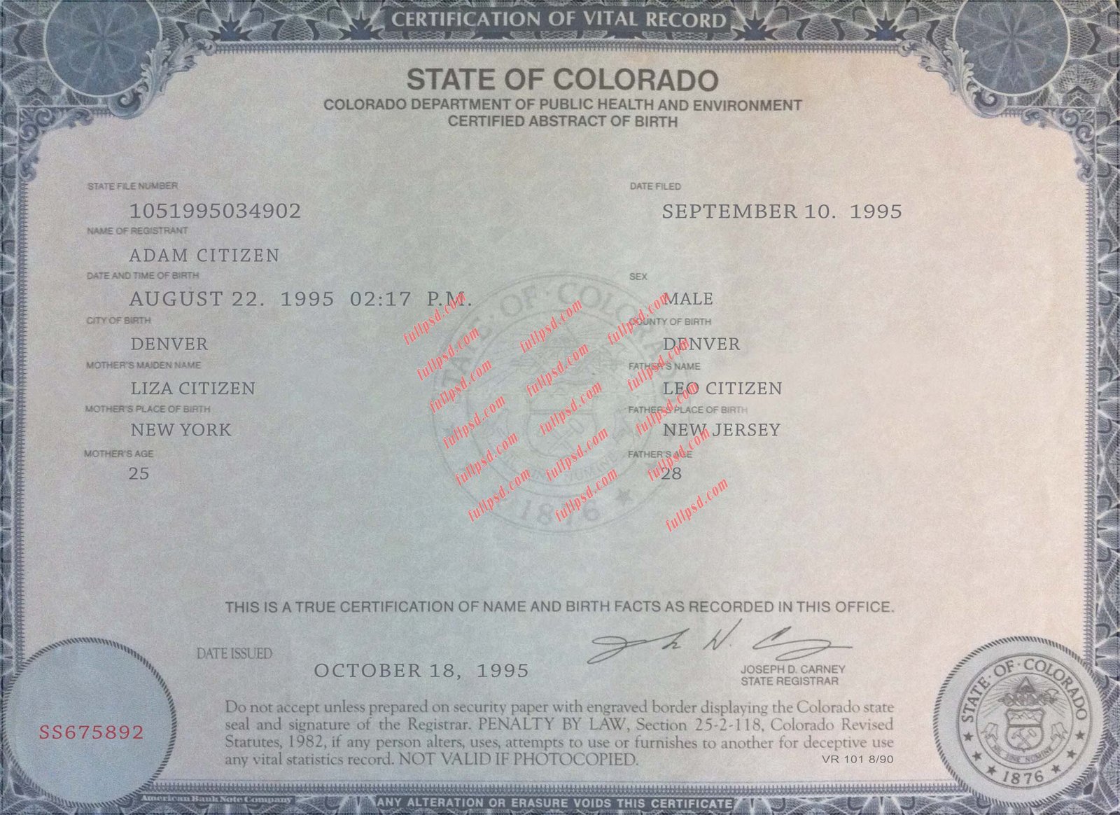 download USA colorado Birth certificate PSD Template fully editable